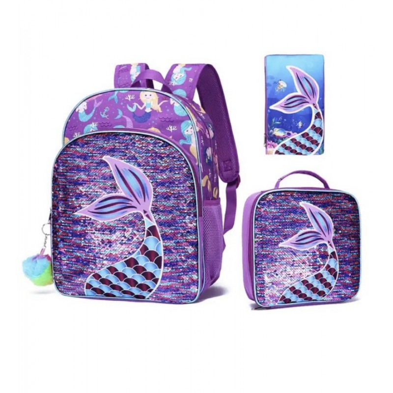 3PCS Kids Backpacks for Girls 16" Little Kid Mermaid Sequin Preschool School Bookbag and Lunch Box